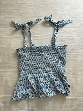 J. Crew Blue Floral Smocked Tie-Shoulder Camisole